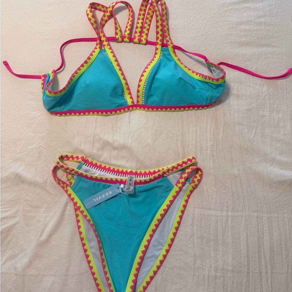 Vibrant Blue and Pink Bikini with Braided Trim